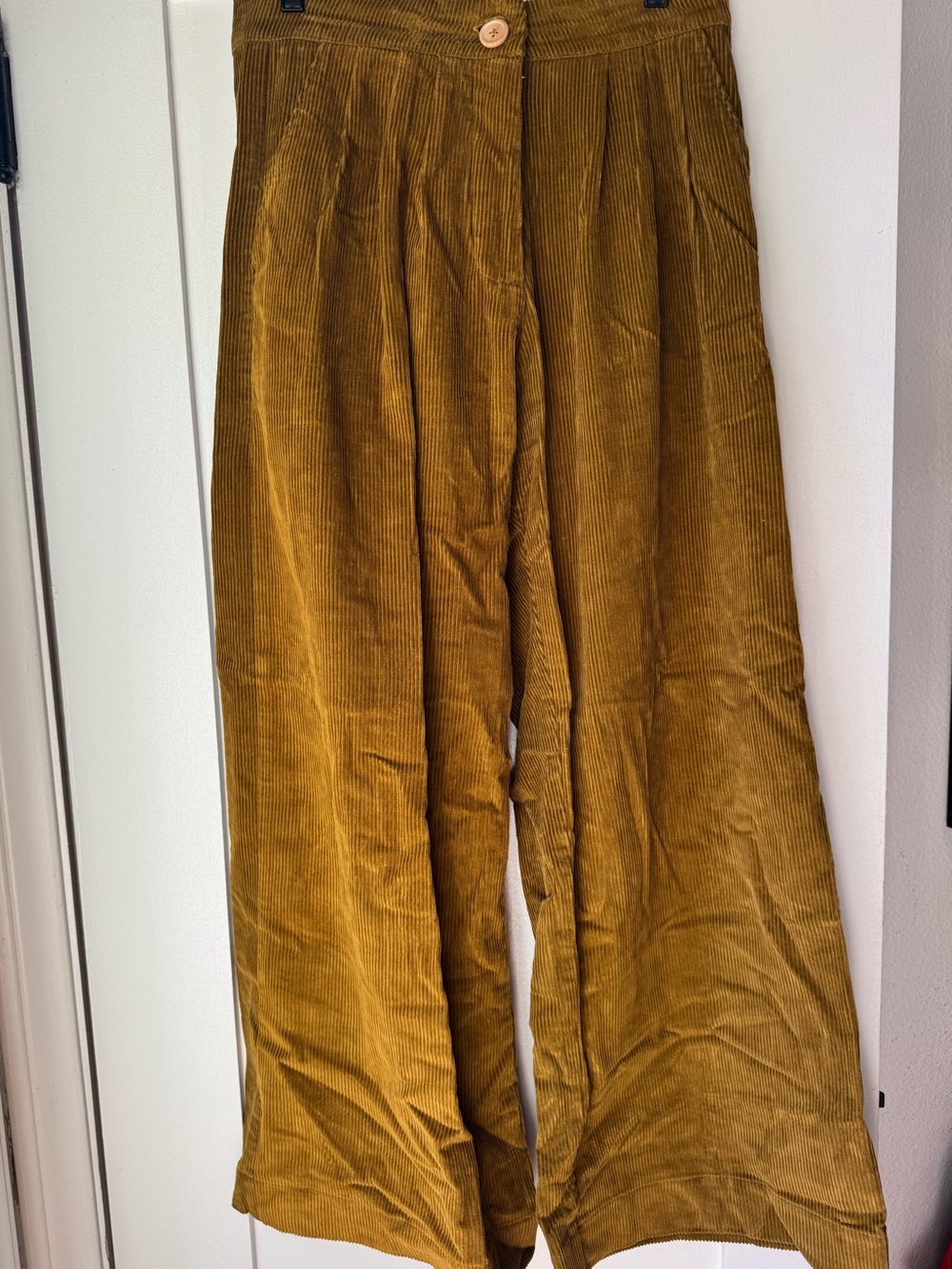 Kara Thoms High-Rise Wide-Leg Corduroy Pants in Mustard Yellow style baya